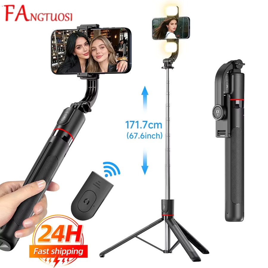 FANGTUOSI Selfie-Stick-Stativ mit Bluetooth-Fernbedienung, 6-teilige ausziehbare Stange, 360 Grad drehbar, mit optionaler Beleuchtung für Handy-Vlogs, Schwarz - Bild 2