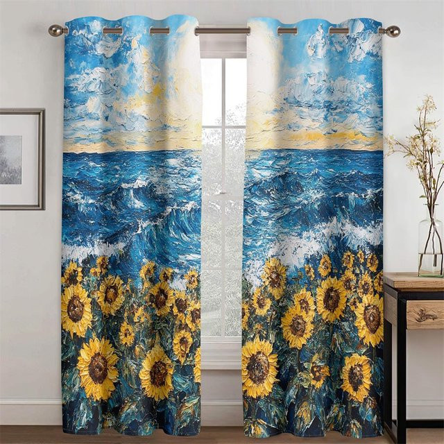 2er-Set Sonnenblumenlandschaft Ölgemälde-Dekor Vorhänge aus Polyester, Mehrfarbig, Höhe: 130 cm, Breite: 50 cm - Bild 1