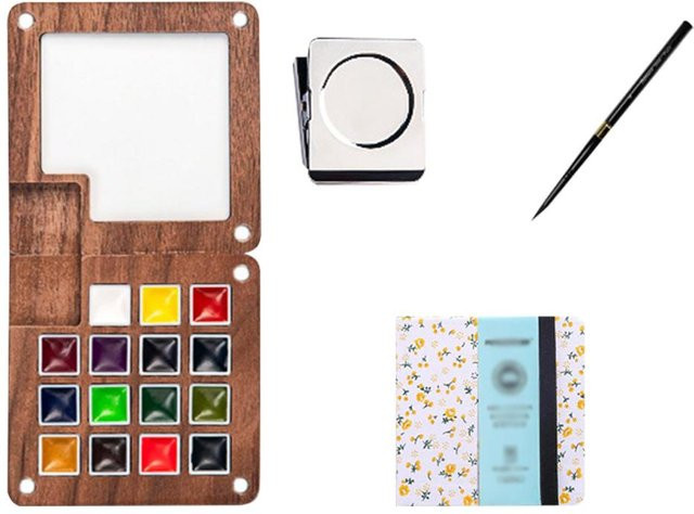Tragbares Mini-Aquarellfarben-Set mit Holzpalette in Mehrfarbig für Künstler, Anfänger und Kinder - Bild 1