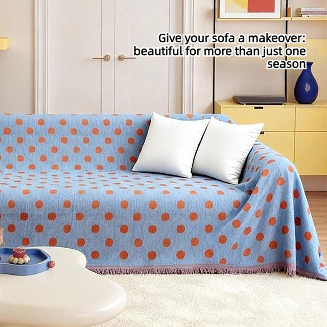 VIKAMA Chenille Sofadecke in Blau und Orange mit gepunktetem Design für dein Wohnzimmer - Bild 1