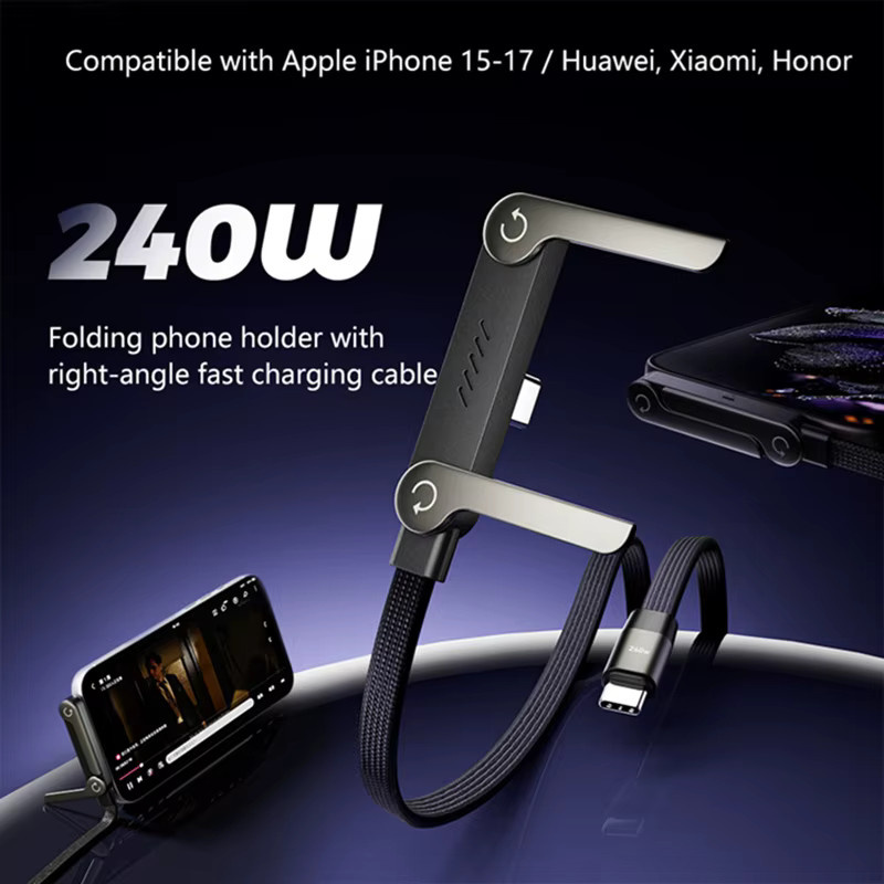 240W PD Schnellladekabel Typ-C zu Lightning 2-in-1 Faltbares Standkabel zur Datensynchronisation für iPhone in Schwarz - Bild 2