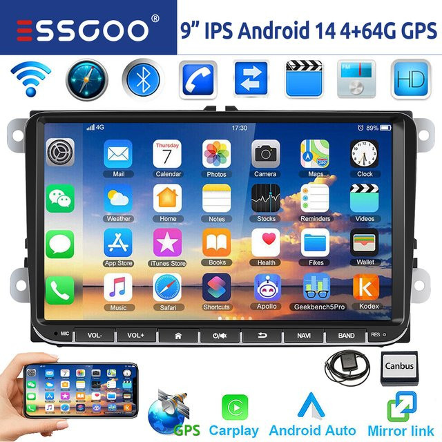 ESSGOO Android 14 Autoradio mit 9 Zoll Display, 4G+64G, Wireless Carplay, GPS, Wi-Fi und Bluetooth in Schwarz für VW Golf 5 6, Passat B6 B7, Polo 6R, Touran, Tiguan, Caddy, EOS, Jetta, T5 sowie Seat und Skoda - Bild 1