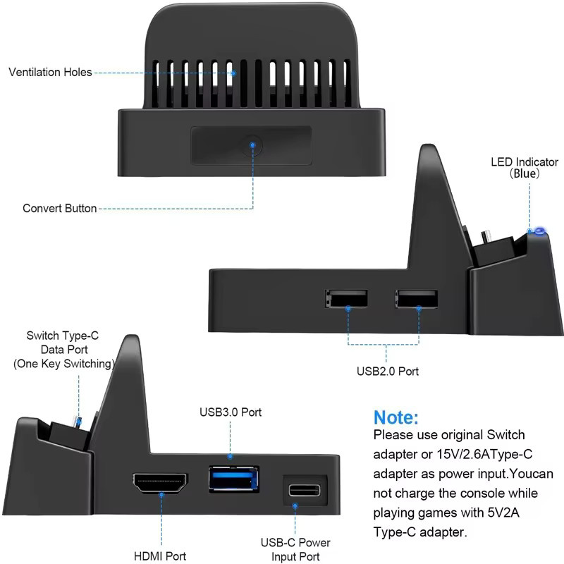 5 in 1 4K HDMI Adapter und Ladestation für Nintendo Switch 1 und 2 in Schwarz - Bild 2