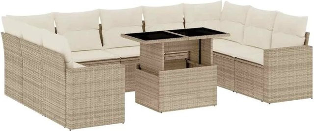 vidaXL 10-tlg. Garten-Sofagarnitur in L-Form aus Poly-Rattan mit Kissen in Beige-Creme - Bild 1
