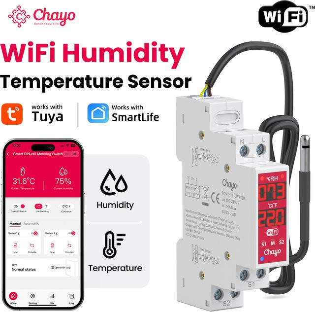 Chayo Smart WLAN-Schalter mit Temperatur- und Feuchtigkeitssensor, 2-fach, DIN-Schiene 18mm, 3840W AC/300W DC, Timer, Smart Life/Alexa/Google Tuya, Weiß - Bild 1