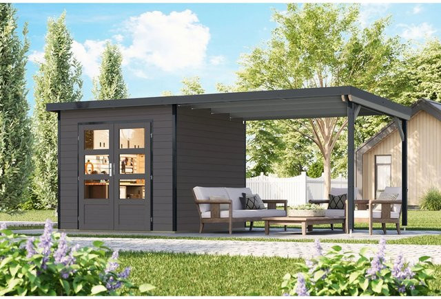Karibu Gartenhaus Domingo 3 B mit Verlängerung in Grau-Anthrazit - Bild 1