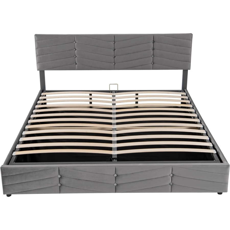 KOMHTOM Polsterbett mit hydraulischem Lift-up-Boden, Doppelbett im Streifen-Stil aus Samt, Grau, B/T/H: 160 x 200 x 40 cm - Bild 2