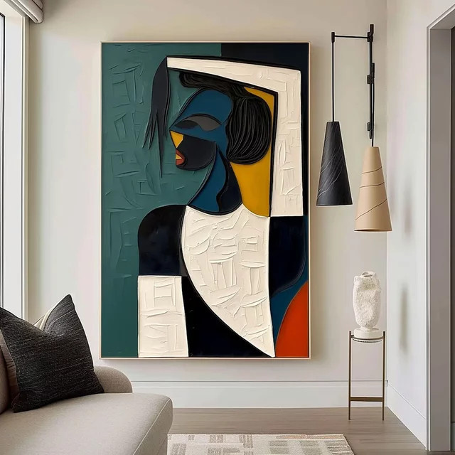 Handgemaltes abstraktes Leinwandgemälde im Picasso-Stil von Potdemiel, buntes 3D-strukturiertes Ölgemälde zur Wanddekoration - Bild 1