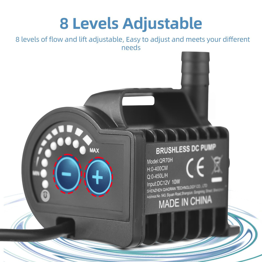 KaiSai Tauchpumpe 12V mit 8 einstellbaren Stufen, 700L/h Förderleistung, kleine Springbrunnenpumpe mit Keramikgehäuse und DC-Buchse, Modell QR75H - Bild 3