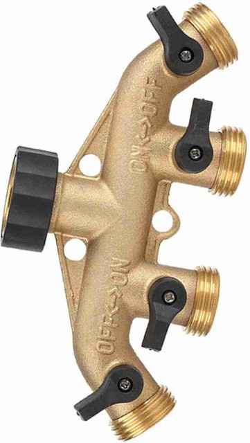 mfySpace 4-Wege Schlauchverteiler aus Messing mit 3/4 Zoll Hahnanschlüssen für Deine Gartenbewässerung in Gold und Schwarz - Bild 1