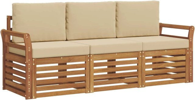 vidaXL Sofagarnitur 3-teilig aus Massivholz Akazie in Natur und Beige mit Sitz- und Rückenkissen im modernen Latten-Design - Bild 1