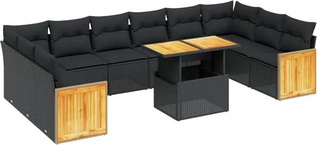 vidaXL 11-tlg. Garten-Sofagarnitur in U-Form aus Poly-Rattan und Akazienholz mit Kissen, Schwarz - Bild 1