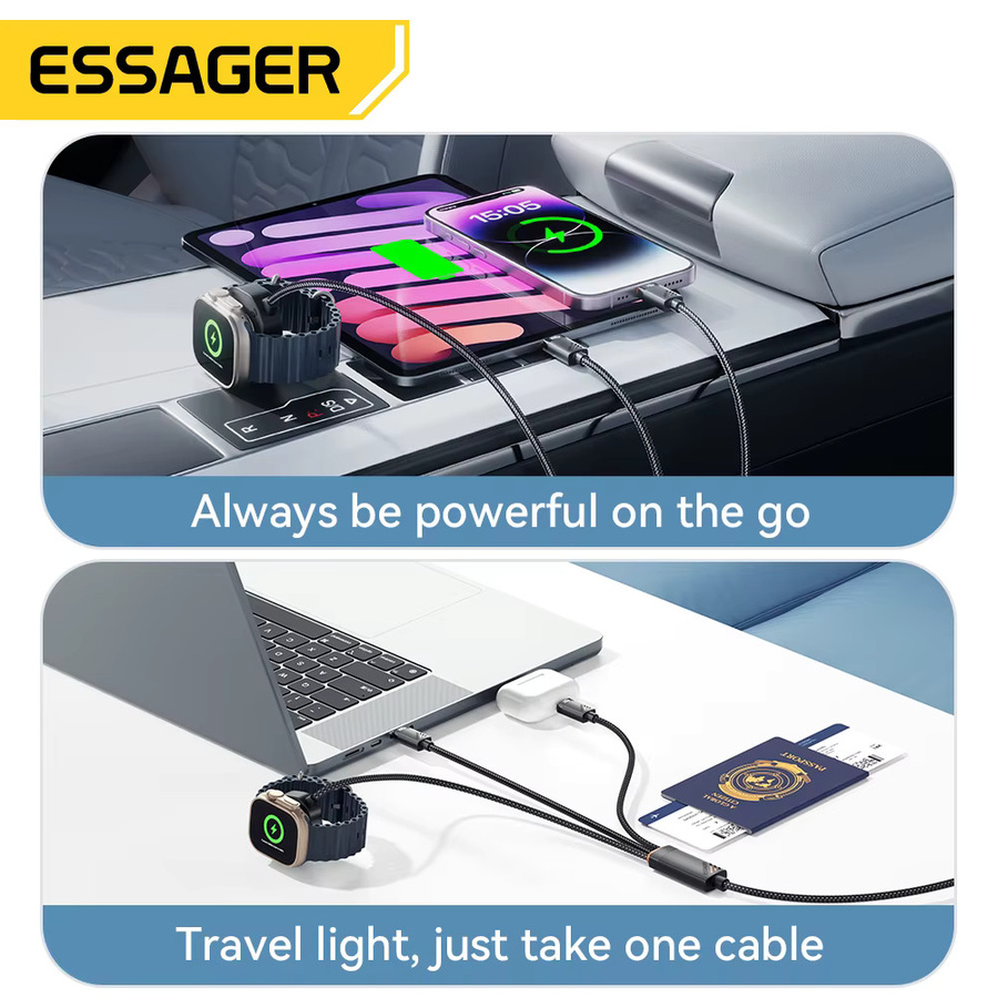 Essager 3-in-1 USB-C Schnellladekabel 100 W mit Lightning und Typ-C für Apple iPhone und iWatch, Schwarz - Bild 5