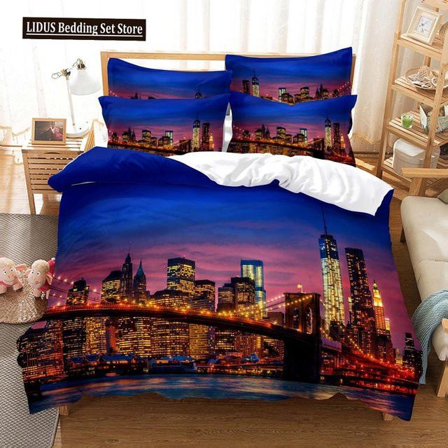 Dekorative Bettwäsche New York Nyc Das Niemals Schläft mit Manhattan Stadtnachtszene in Rosa und Blau, B/H: 135 x 200 cm - Bild 1