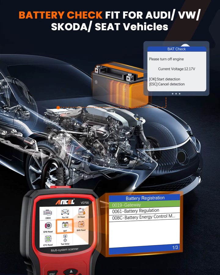ANCEL VD700 Professioneller OBD2-Scanner Auto-Codeleser für VW, Audi, Seat und Skoda in Schwarz mit Öl-, EPB-, SAS- und TPMS-Reset - Bild 3