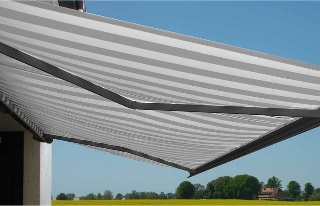 Elektrische Kassettenmarkise H122 MCW Vollkassette, B/T: 4 x 3 m, Acryl Grau/Weiß, Rahmen Anthrazit - Bild 1