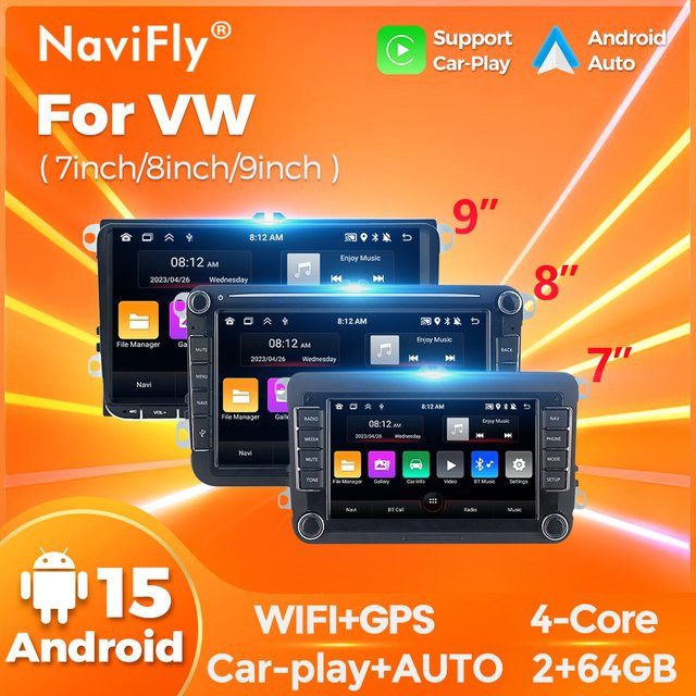 Navi Fly Android 15 Autoradio-Multimedia-Player mit Carplay in Schwarz für VW Volkswagen Skoda Octavia Golf 5 6 Touran Passat B6 Polo Jetta - Bild 1