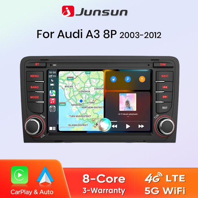 Junsun 7 Zoll Multimedia Autoradio mit drahtlosem CarPlay und Android Auto für Audi A3 8P S3 (2003-2012) in Schwarz mit GPS und WiFi - Bild 1