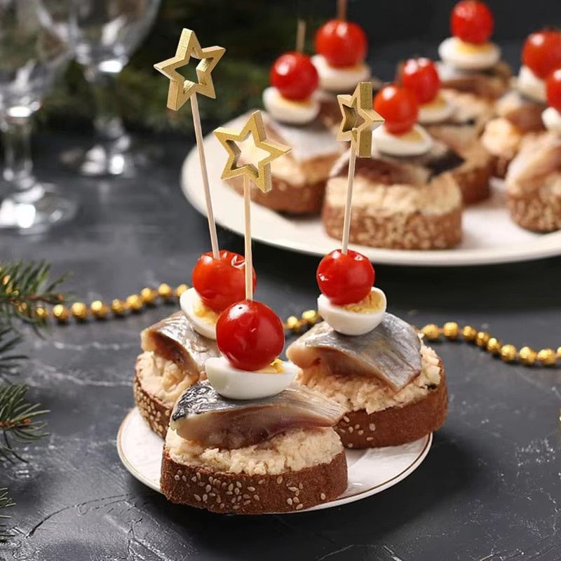 50 Einweg Bambus Spieße in Sternform in Gold und Silber für Buffet, Obst und Cocktails - Bild 4