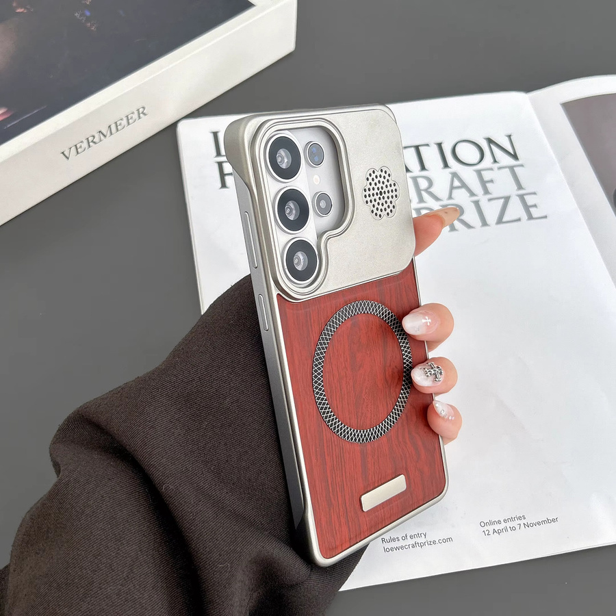 Magnetische Lederhülle mit Holzstruktur für Samsung Galaxy S26 Ultra und S26 Plus in Grau - Bild 2