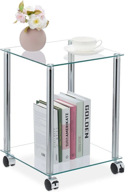Relaxdays Beistelltisch modern aus Glas und Metall in Silber mit Rollen, H x B x T: 46 x 34 x 34 cm - Bild 1