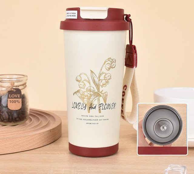 Yiran Furniture Edelstahl Thermos Tasse Convallaria mit Doppel-Trinkfunktion und Seil, 530 ml - Bild 1