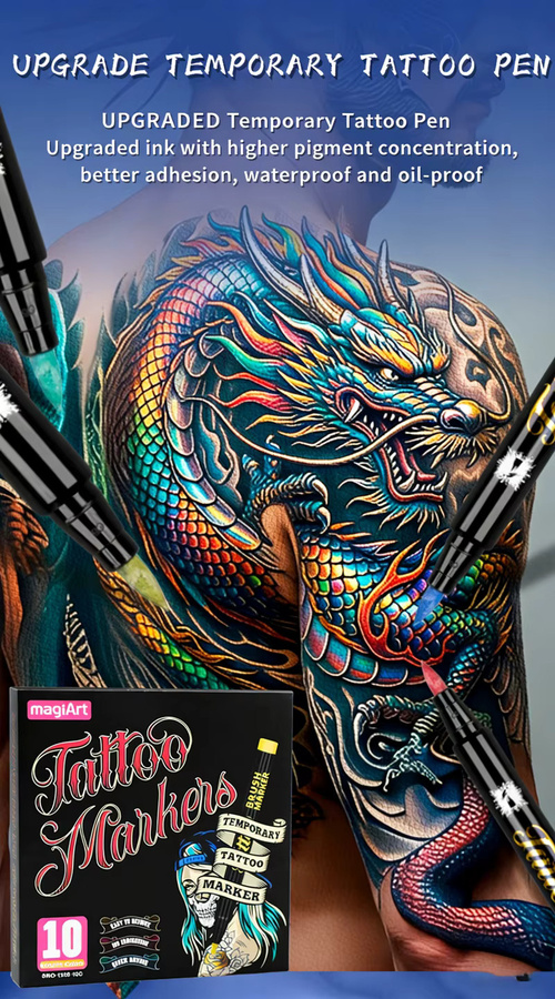 Kissbuty Temporäre Tattoo-Marker in 10 Farben, abwaschbare Brush-Stifte für kreative Kunst und Themenpartys, Multicolour - Bild 6