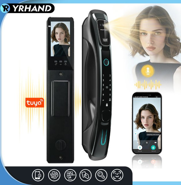 YRHAND Intelligentes Türschloss in Schwarz mit 3D-Gesichtserkennung, Handvenen- und Fingerabdruckerkennung, WLAN, App-Fernsteuerung und Video-Gegensprechanlage - Bild 1