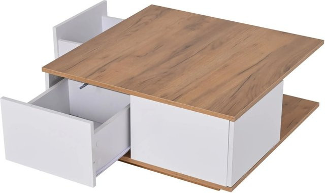 okwish Couchtisch mit 3 Schubladen in Weiß und Natur, modern und quadratisch, B/T/H: 70 x 70 x 31,5 cm - Bild 1