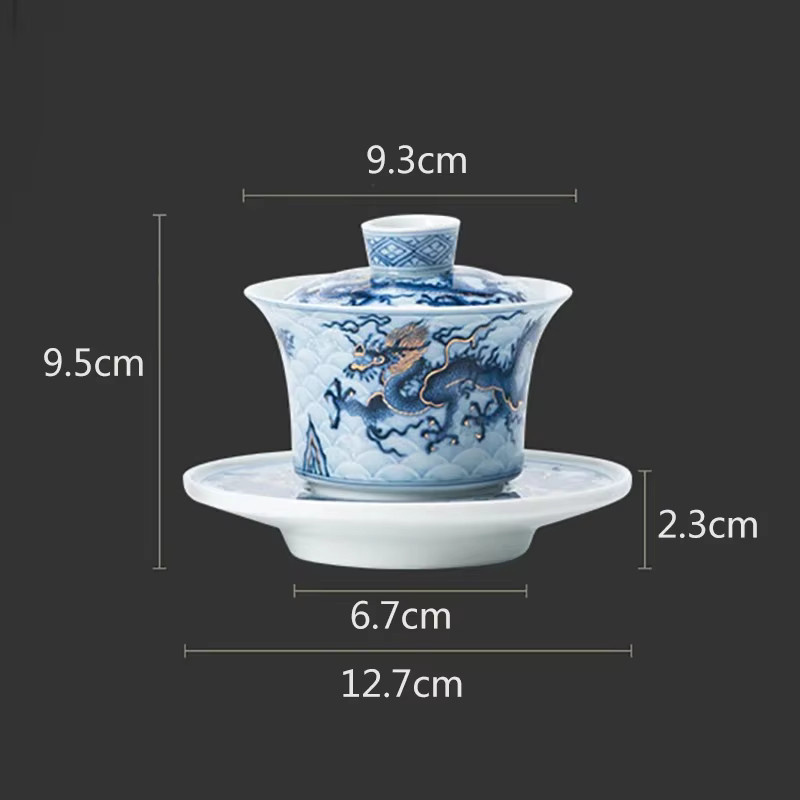 YMOLGA Keramik Gaiwan Teezubereitung Set mit chinesischem Drachen-Motiv und Metall-Inlay in Blau und Weiß, 3-teilig - Bild 3