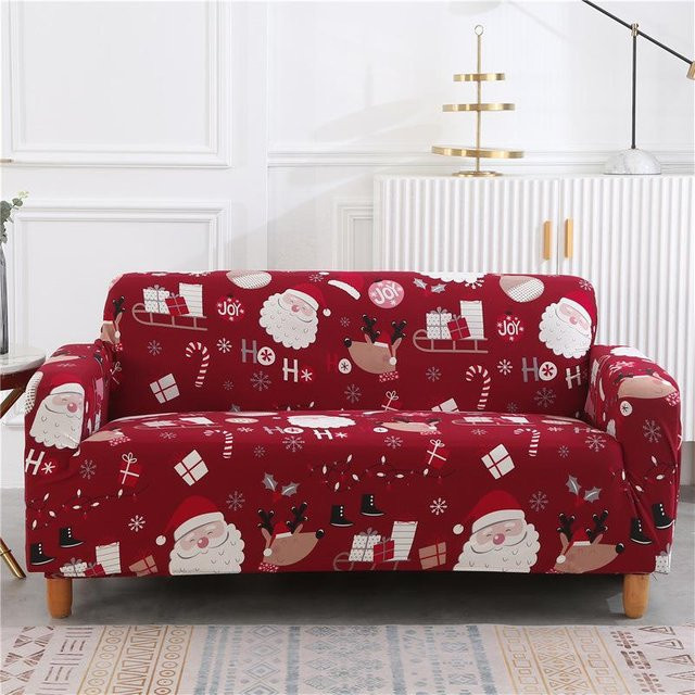 Weihnachtlicher elastischer Sofabezug in Rot mit floralem Muster, universeller Couchbezug für Sofas, Breite: 90-140 cm - Bild 1