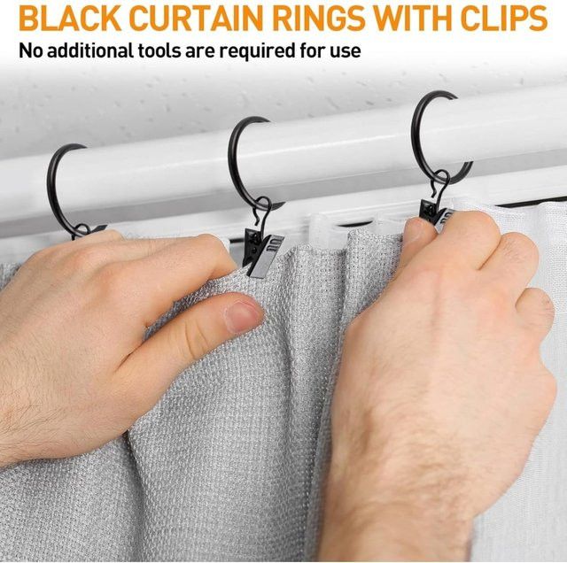 12 schwarze runde Vorhangringe mit Clips für Duschvorhänge, Innendurchmesser: 35 mm - Bild 1