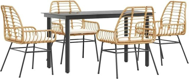 vidaXL 5-teilige Garten-Essgruppe aus Poly Rattan mit Glasplatte und Kissen in Braun, Schwarz und Cremeweiß - Bild 1