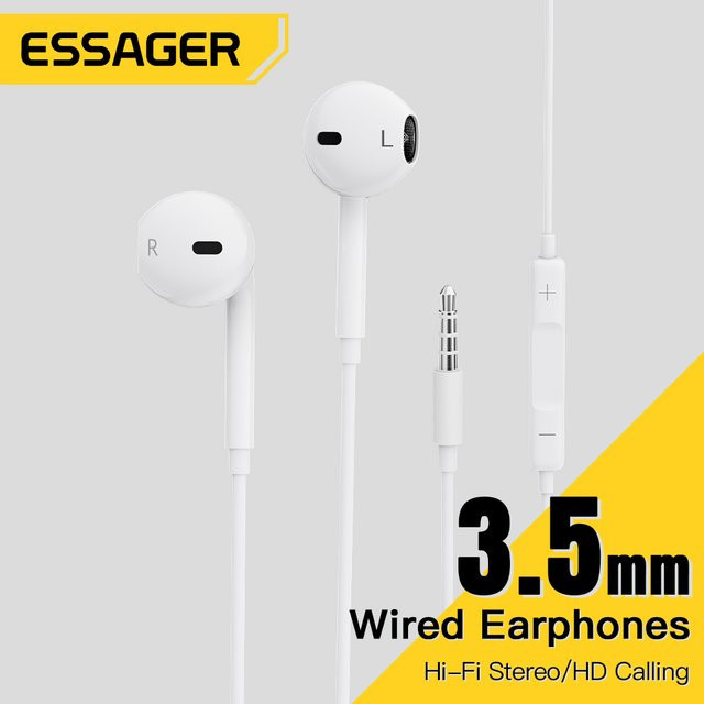 Essager In-Ear Kopfhörer mit Mikrofon, kabelgebundene Stereo-Ohrhörer mit 3,5 mm Klinkenanschluss und Inline-Steuerung, Weiß - Bild 1