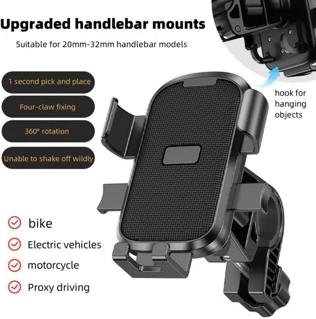 360 Grad drehbarer elektrischer Fahrrad Handyhalter für iPhone und Xiaomi, rutschfester Smartphone Halter für MTB, Motorrad und Fahrrad in Schwarz - Bild 1