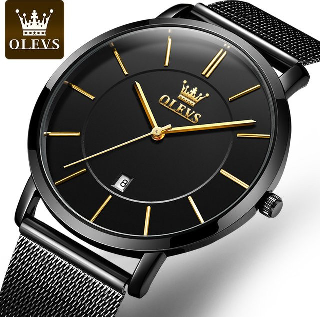 OLEVS Armbanduhr Quarz, Lederarmband, Schwarz, Herren, 3 ATM, Datum - Bild 1