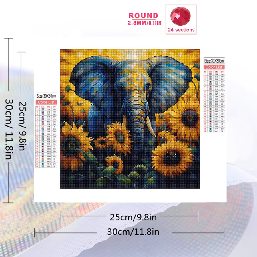 Momoart DIY Diamantmalerei Elefant mit Sonnenblumen Muster für Erwachsene und Anfänger, Multicolour, B/H: 20 x 20 cm - Bild 2