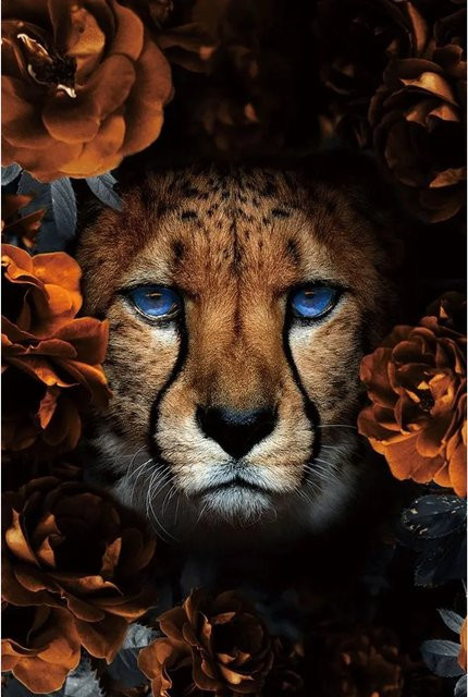 Art Universe Glasbild Gepard mit Blumen in Multicolour, Breite: 80 cm, Höhe: 120 cm - Bild 1