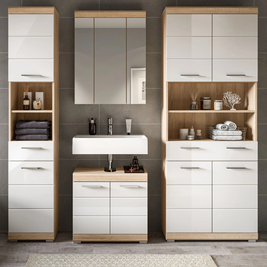 Badmöbel Set Mambo 4-teilig in Weiß Hochglanz und Eiche mit Waschtischunterschrank, Spiegelschrank und Hochschrank - Bild 1