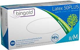 BINGOLD Einweghandschuhe Latex 50PLUS, puderfrei und chloriert, Farbe: beige/weiß, 100 Stück - Bild 1