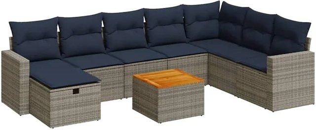 vidaXL 9-tlg. Garten-Sofagarnitur in L-Form aus grauem Poly-Rattan mit Kissen und pulverbeschichtetem Stahlgestell - Bild 1
