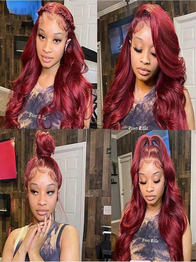 BUNGIOL Perücke Echthaar, Body Wave, Burgunderrot, 36 Zoll, 250% Dichte - Bild 6