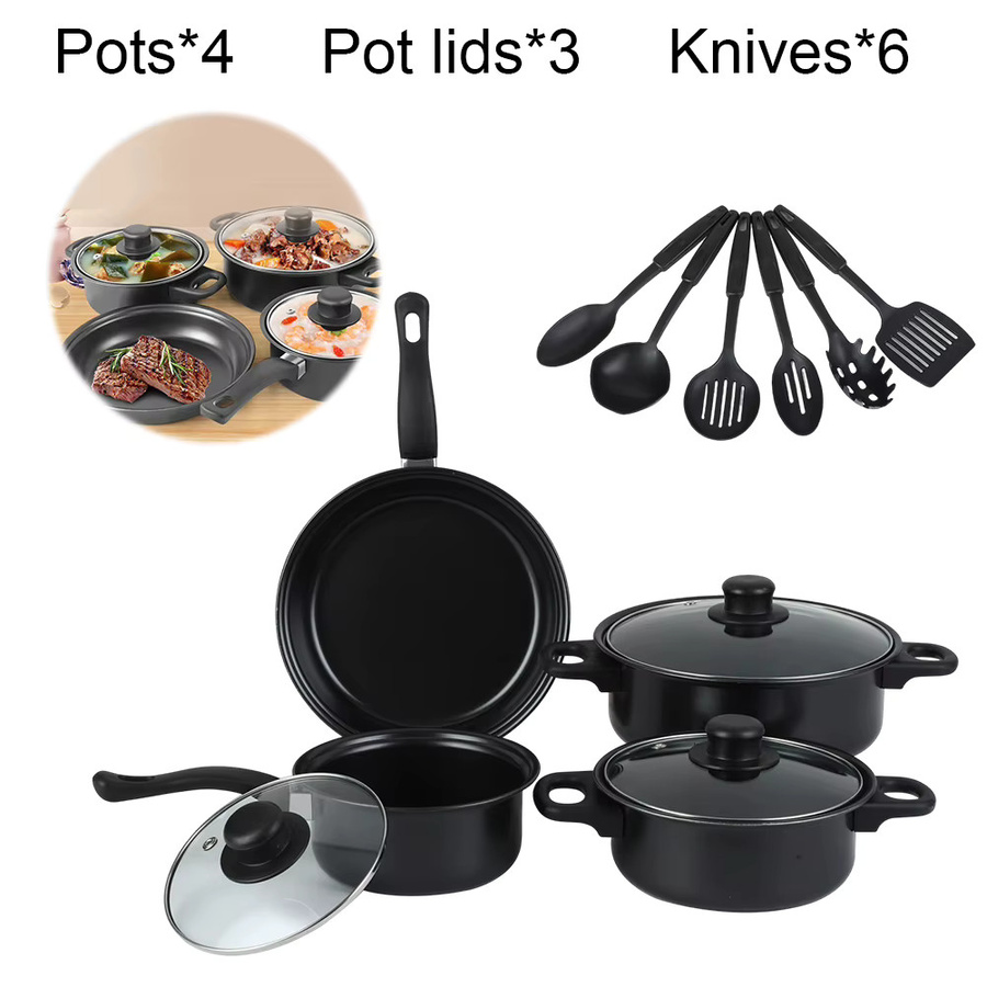 VKTECH 12-teiliges Antihaft-Kochgeschirr-Set aus Keramik in Schwarz mit Maifan-Stein-Beschichtung, bestehend aus Kochtöpfen, Pfannen und Deckeln, für alle Kochfelder - Bild 4