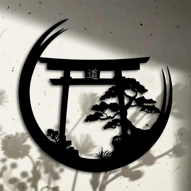 CIFBUY Japanische Torii-Tor Metall-Wandkunst in Schwarz mit Mond- und Bonsai-Motiv - Bild 1