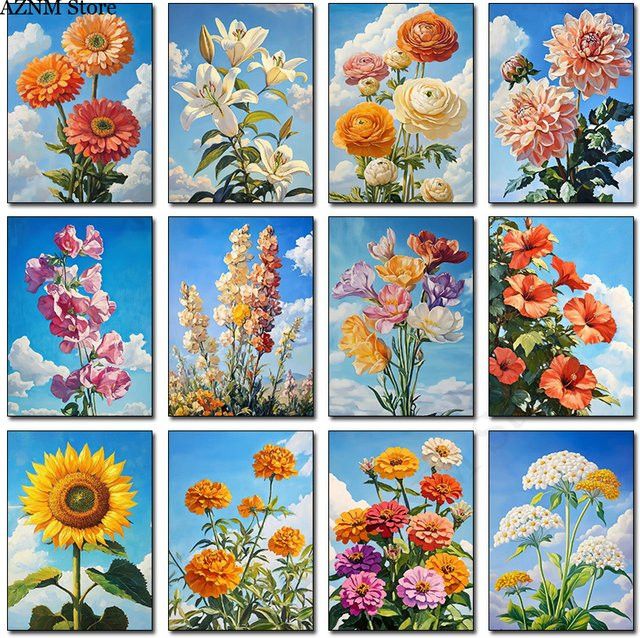 Vintage Blumen Wandbild Potdemiel mit Nelke und Hortensie als Leinwandmalerei im Portraitformat - Bild 1