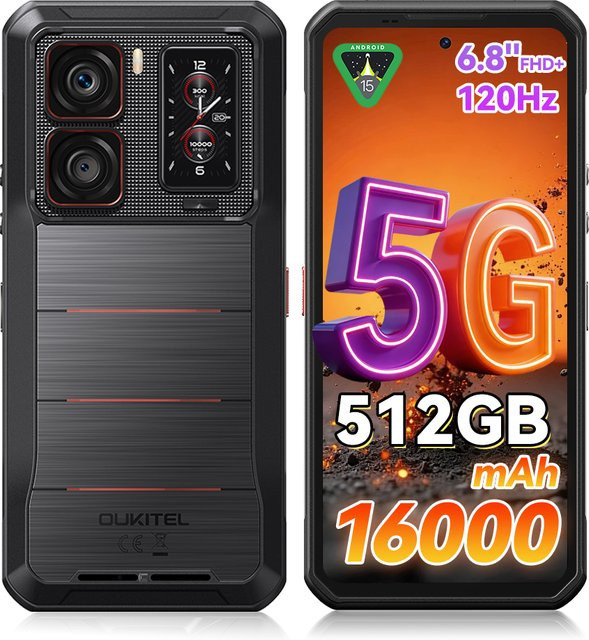 OUKITEL WP300 5G Smartphone in Schwarz mit 512 GB Speicher, 6,8 Zoll FHD+ Display, 120Hz, 108MP Kamera und 16000mAh Akku, Android 15 - Bild 1