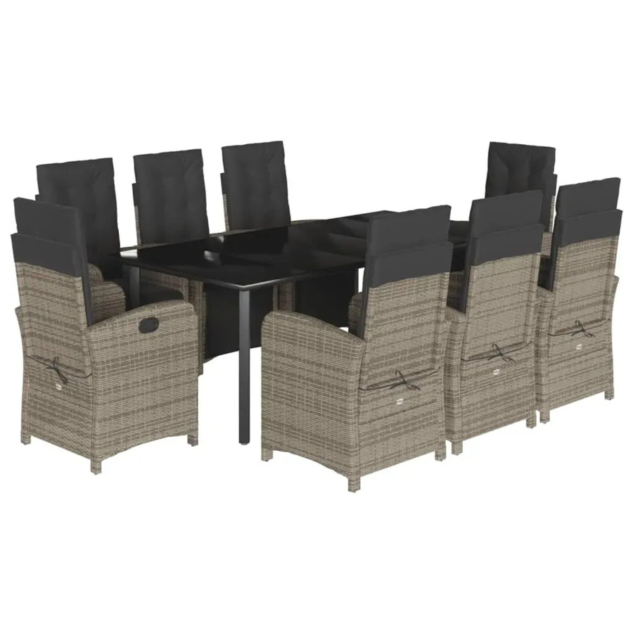 vidaXL 9-teilige Garten-Essgruppe aus Poly-Rattan mit Kissen in Grau und Hartglas-Tischplatte - Bild 2