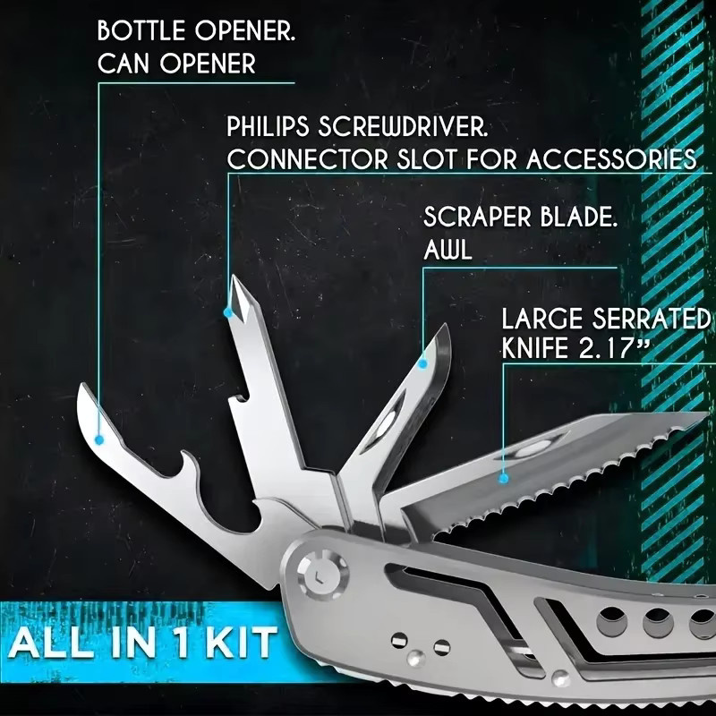 LIXIU Multitool 24in1 in Silber mit Messer, Zange und 11 Bits für Camping und Outdoor - Bild 5