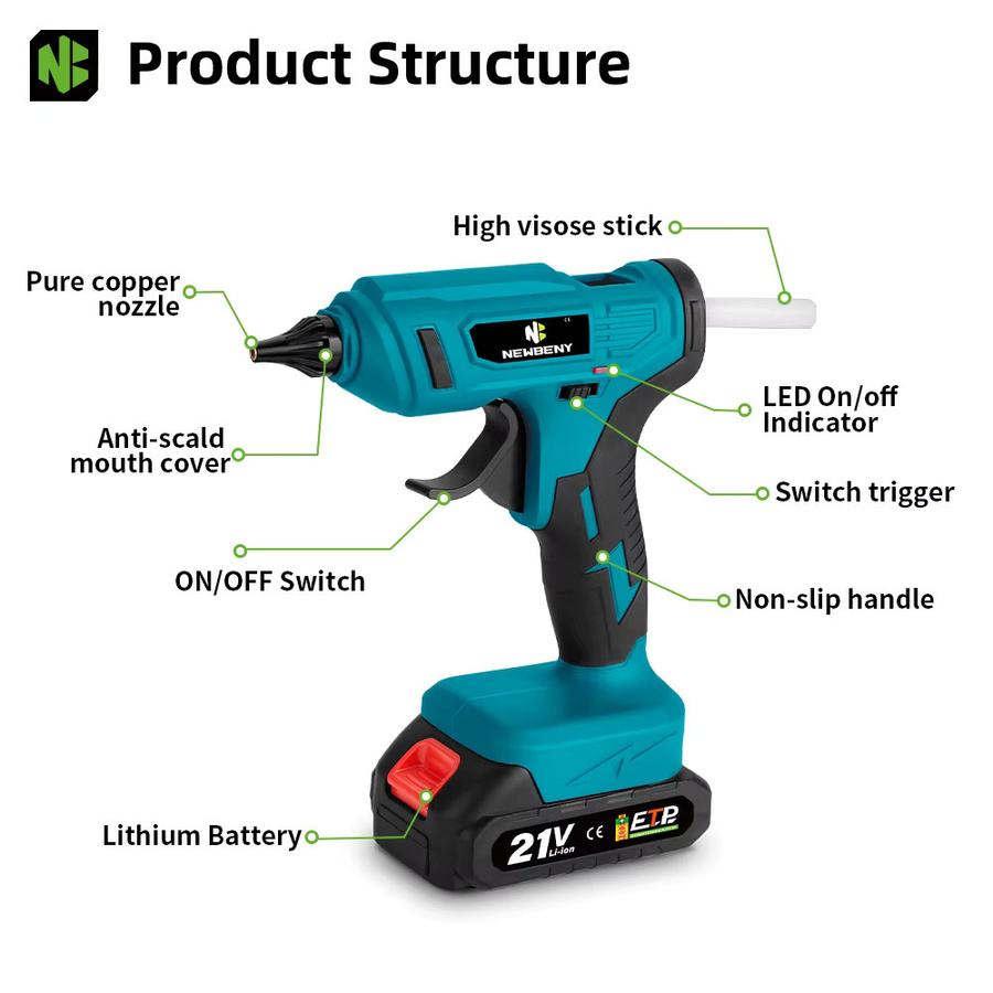 NEWBENY Kabellose Heißklebepistole in Blau, wiederaufladbar, bis zu 280 °C, für 11 mm Klebestifte, kompatibel mit Makita 21 V Akku - Bild 5