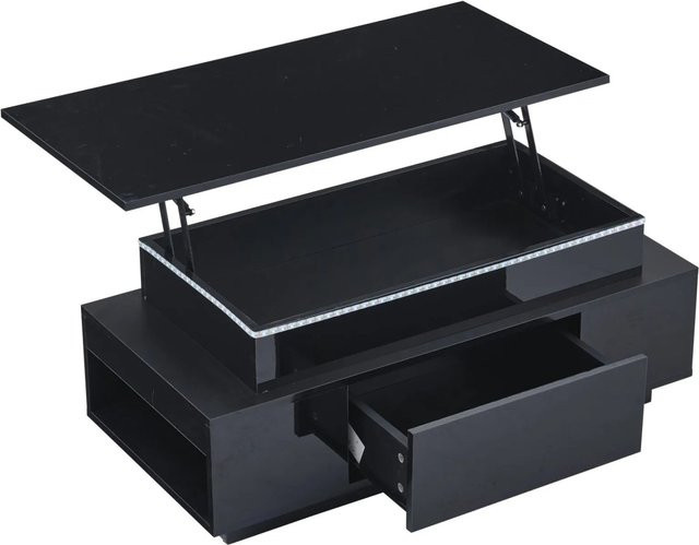 PXloue LED Couchtisch in Schwarz mit Schublade, höhenverstellbar und Hochglanz-Finish - Bild 1